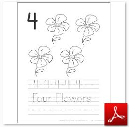 Number 4 Flower Coloring Tracing Page