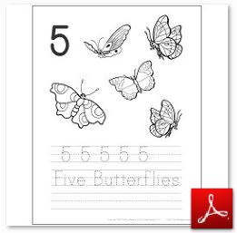Number 5 Butterflies Coloring Tracing Page