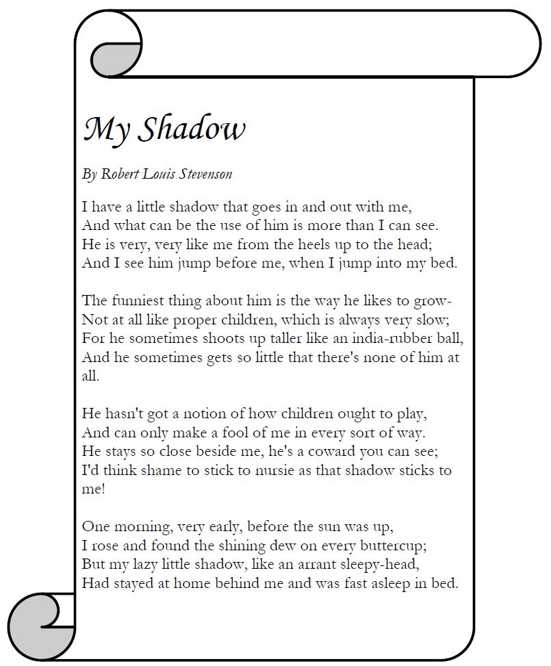 Poetry For Young Children ~ My Shadow by Robert Louis Stevenson (Free ...