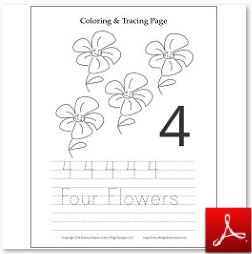 Number 4 Flower Coloring Tracing Page